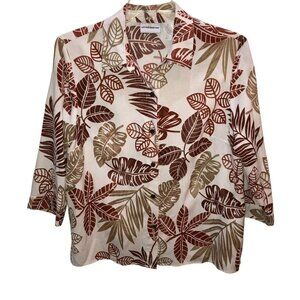 Alfred Dunner Womens Size 14 Brown Tropical Print 3/4 Sleeve Button Up Blouse